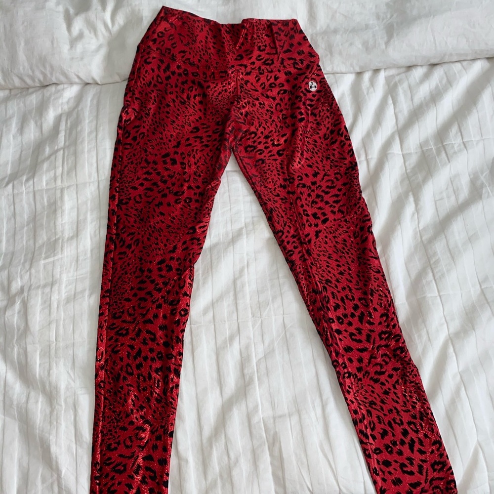 Full length red animal print leggings.